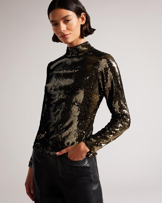 Hauts Ted Baker Long Sleeve Sequin Marron Foncé Femme | VDY-11856243